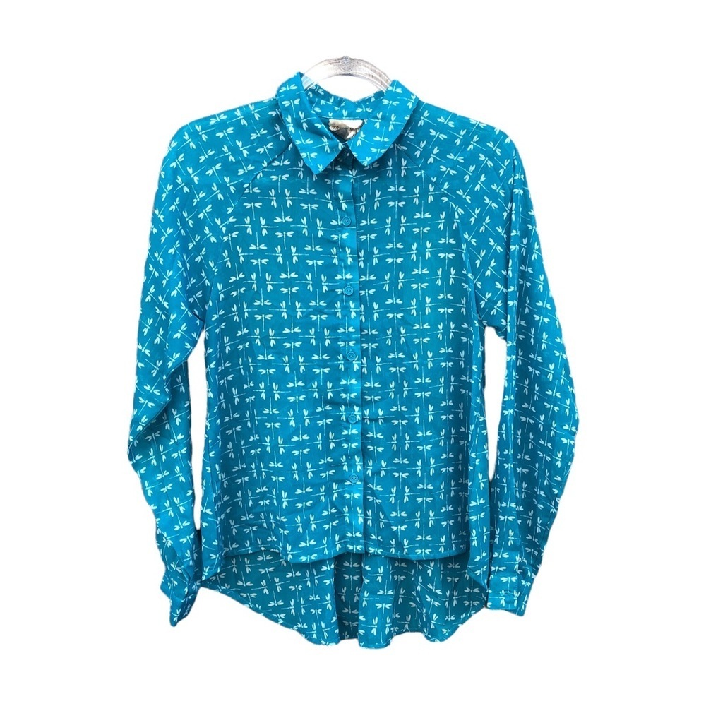 Vintage Pout Dragonfly Open Cutout Back Blue Button Down Blouse Top Medium